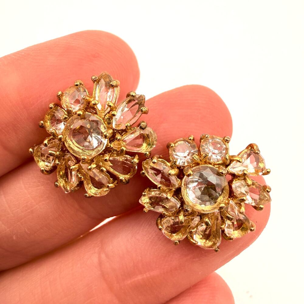 Vintage J.Crew Crystal Floral Cluster Stud Pierced Post Earrings Gold Tone
